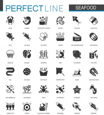 Siyah klasik deniz ürünleri Icons set. Deniz gıda çizimler.
