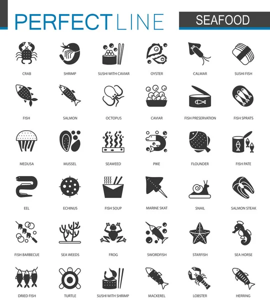 Siyah klasik deniz ürünleri Icons set. Deniz gıda çizimler.