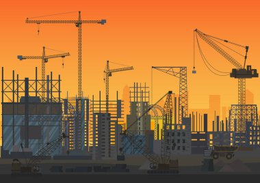 İnşaat günbatımı siluet altında inşaat manzarası. Web sitesi new city dış başkanı. Vektör çizim.