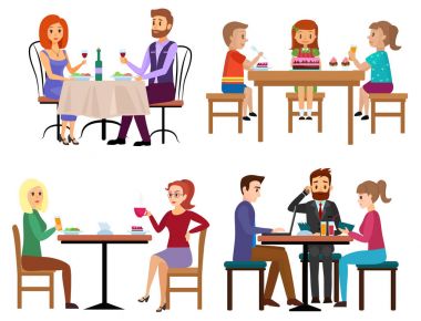 İnsanlar yemek ayarla. Kaç arkadaş aile çocuk ve Restoran Cafe ya da izole bar oturan işadamı. Çizgi film vektör çizim.