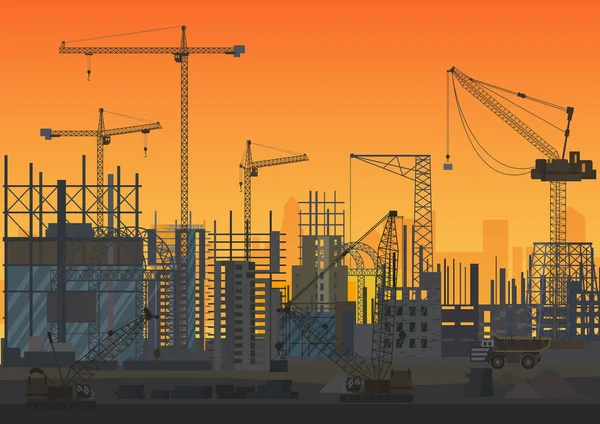 De Skyline van de bouw onder bouw-sunset silhouet. Website hoofd van new city buitenkant. Vectorillustratie. — Stockvector