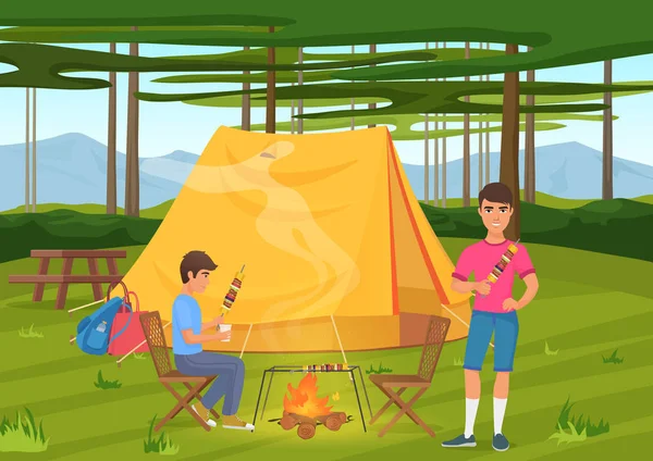 Vektor-Illustration von zwei Freunden, die Grill kochen und in der Nähe des Zeltes sitzen. — Stockvektor