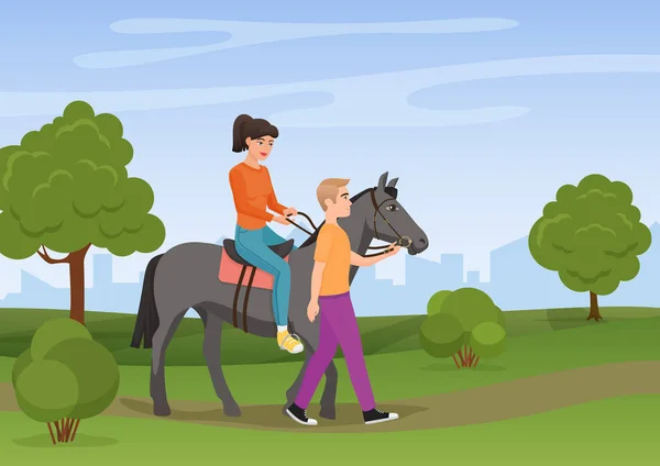 Man toonaangevende het paard met de vrouw rijden aan het vector illustratie. — Stockvector