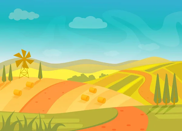 Rural beautiful village landscape with mountains and hills, vector illustration. — Stock Vector