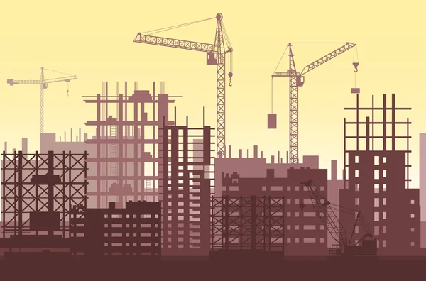 Edificios en construcción en proceso. Construcción urbana con grúas y rascacielos . — Vector de stock