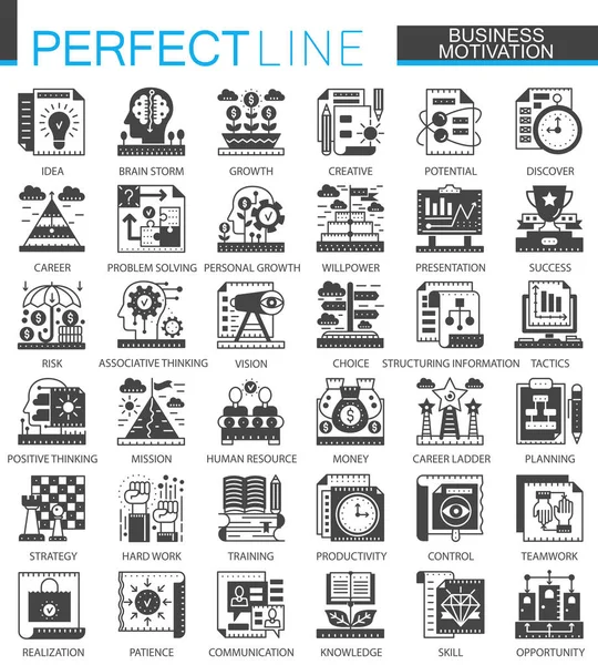 İş motivasyon klasik siyah mini kavramı sembolleri. Finans disiplin modern simge piktogram vektör çizimler seti.