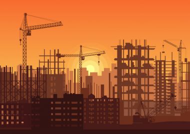 Kule Vinç günbatımı inşaat sitede. Binaların yapım aşamasında gündoğumu. Şehir manzarası siluet vektör çizim.