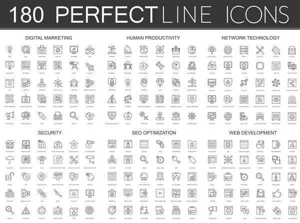 180 çağdaş ince çizgi Icons set dijital pazarlama, insan verimlilik, ağ teknolojisi, siber güvenlik, Seo optimizasyon, web geliştirme.