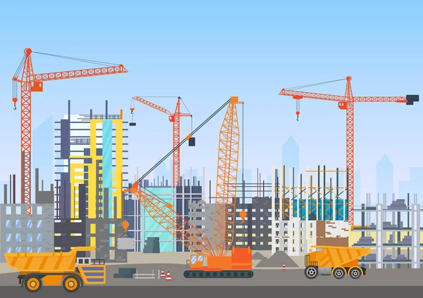 De skyline van de stad onder bouw het platform website bouwen met torenkranen. Bouwproces werk met bouwmachines. Vectorillustratie. — Stockvector