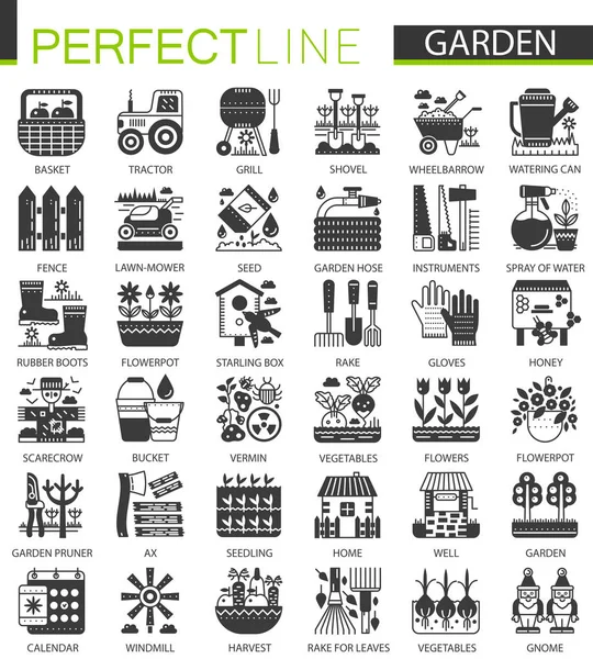 Gartengeräte klassische schwarze Mini-Konzeptsymbole. Garten moderne Symbol Piktogramm Vektor Illustrationen Set. — Stockvektor