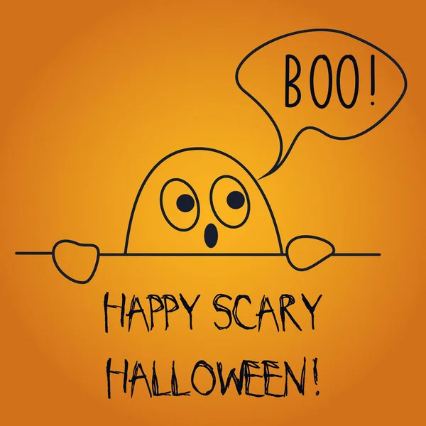 Vectorillustratie van briefkaart wensen Happy Scary Halloween met schattige geest zeggen boo. — Stockvector