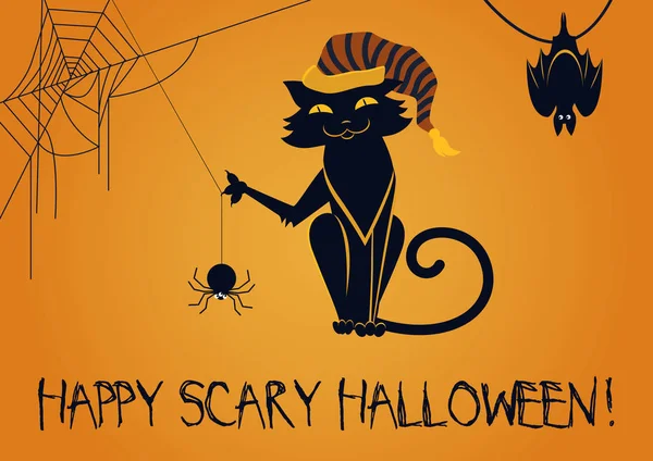 Векторна ілюстрація щасливого страшного привітання на Хеллоуїн і милий чорний кіт з павуком і кажаном . — стоковий вектор