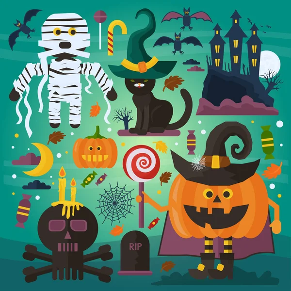 Sevimli hayalet, kedi, kale, kürek, kabak kafalı ve diğer korkunç karakterleri, öğeleri ve muamele etmek Halloween dekorasyon için set. — Stok Vektör