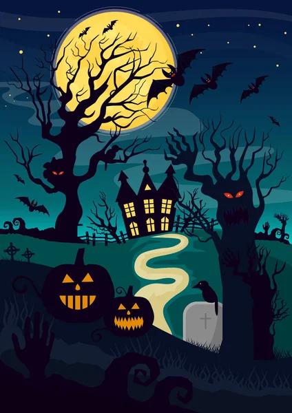 Silhouettes of mystic creatures and lantern pumpkin decoration for Halloween and horror house at night. — Stock Vector
