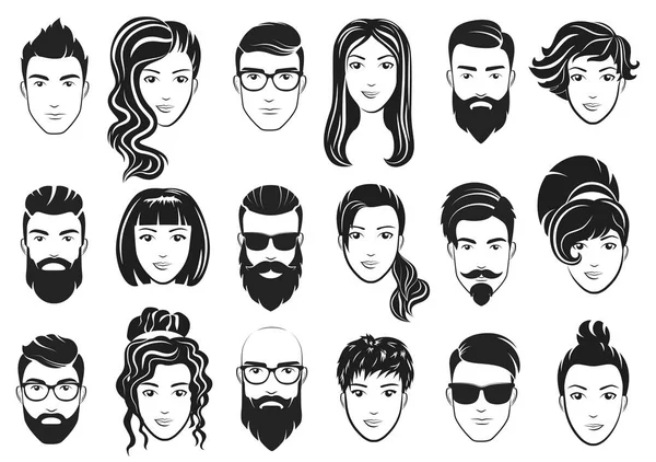 Ilustración vectorial de hombres con barbas elegantes y mujeres con cabello hermoso. Conjunto de peinados masculino y femenino . — Archivo Imágenes Vectoriales