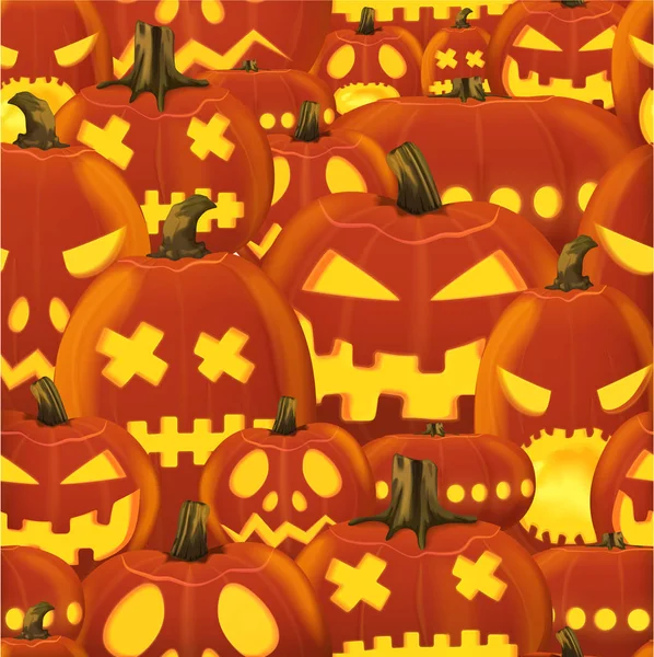 Vector naadloze Halloween patroon met set van enge horror realistische pompoenen. — Stockvector