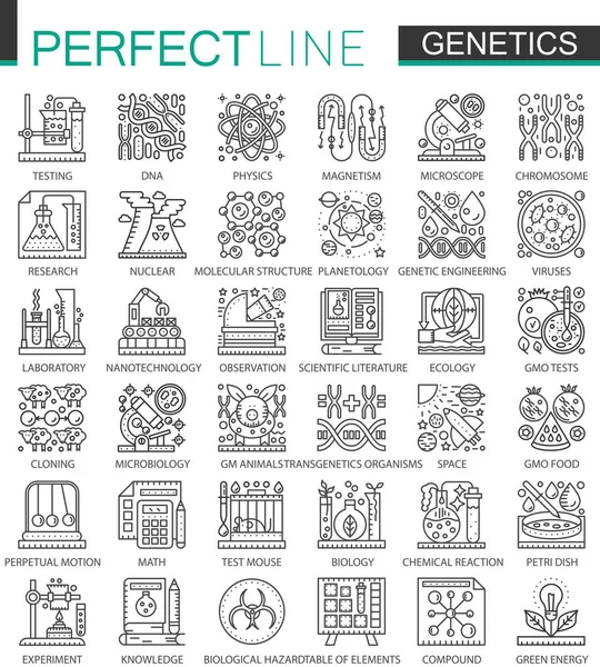 Ingeniería genética y bioquímica esbozan mini símbolos conceptuales. Juego de ilustraciones de estilo lineal de trazo moderno. Iconos de línea delgada perfecta . — Vector de stock