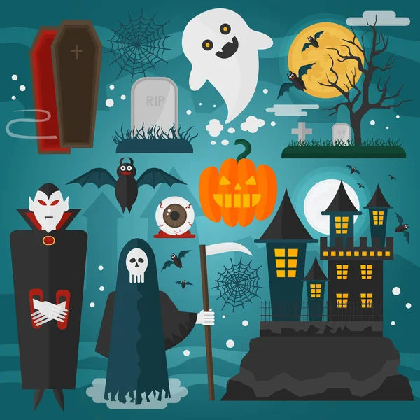 Vektor-Illustration von Vampir, Burg, Tod, Geist und anderem Horror verschiedene Dekorationen und Charaktere zu Halloween gewidmet. — Stockvektor