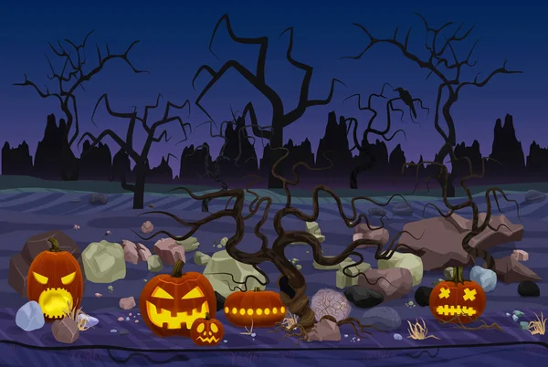 Vectorillustratie van mysterie bos met pompoen-lantaarns voor Halloween in stenen geplaatst bij nacht. — Stockvector