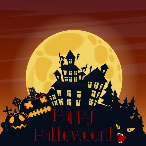 Happy Halloween ansichtkaart met pompoenen en enge horror huis silhouet nachts. — Stockvector