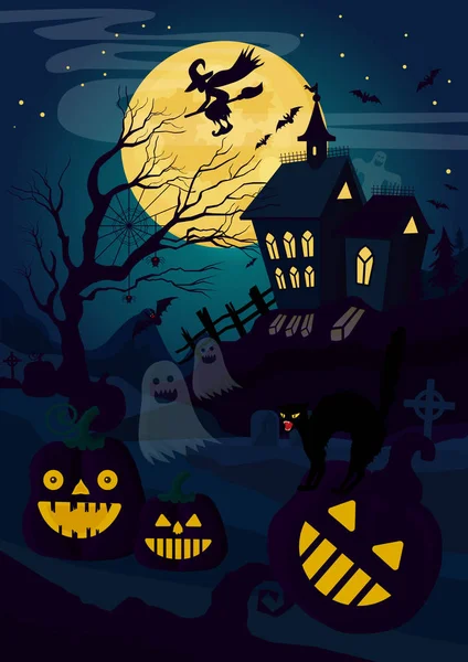 Vektor-Illustration von Horrorhaus und Kürbislaternen und Katze mit Hexenflug in der Nacht. Halloween-Karte. — Stockvektor