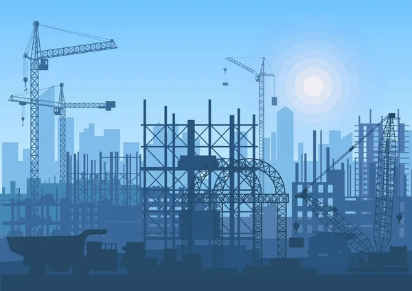 Tower cranes on construction site. Buildings under construction. — Stock Vector