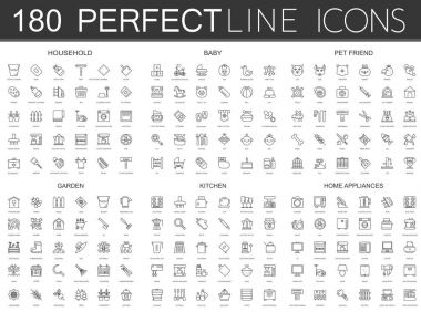 180 çağdaş ince çizgi Icons set ev, Bebek, evde beslenen hayvan arkadaş, Bahçe, mutfak, ev aletleri.