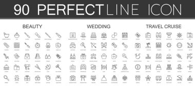 90 çağdaş ince çizgi Icons set güzellik kozmetik, seyahat cruise düğün,