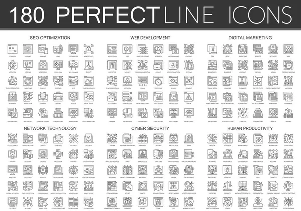 180 iconos de concepto mini contorno símbolos de SEO optimización, desarrollo web, marketing digital, tecnología de red, seguridad cibernética, icono de productividad humana . — Archivo Imágenes Vectoriales