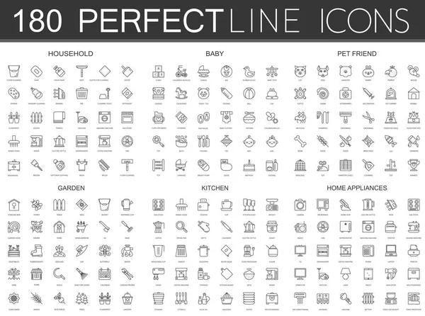 180 iconos de línea delgada moderna conjunto de hogar, bebé, amigo mascota, jardín, cocina, electrodomésticos . — Vector de stock