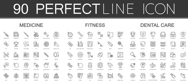 90 iconos de línea delgada moderna conjunto de medicina, fitness, cuidado dental — Vector de stock