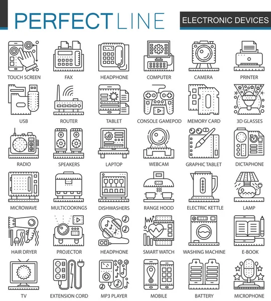 Electronic device outline mini concept symbols. Household gadgets modern stroke linear style illustrations set. Perfect thin line icons. — Stock Vector