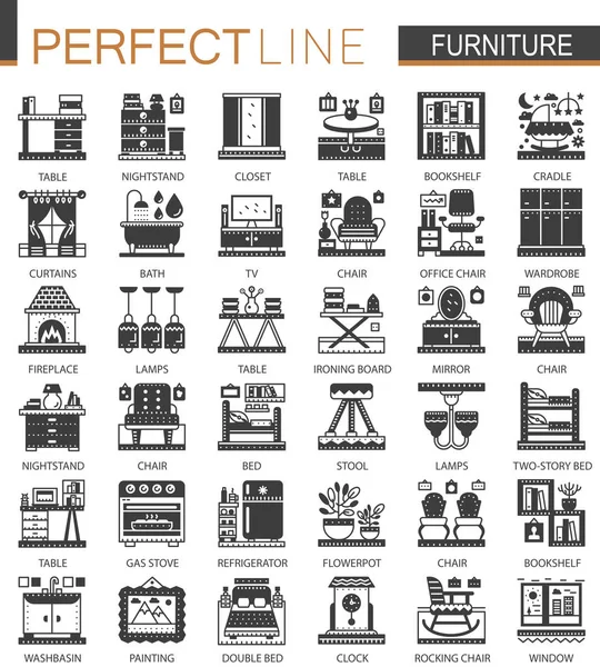 Möbel Interieur klassische schwarze Mini-Konzept-Symbole. moderne Symbol-Piktogramm-Vektor-Illustrationen eingestellt. — Stockvektor