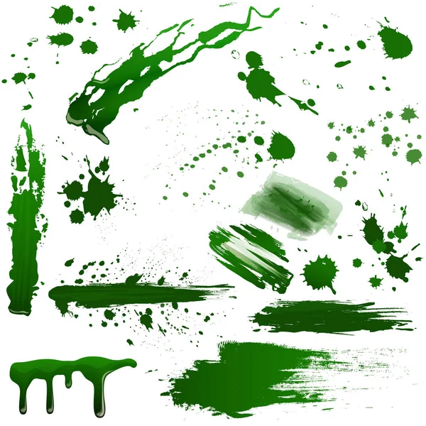 Realista sangre tóxica verde salpica conjunto de vectores. Salpicadura de líquido venenoso . — Vector de stock