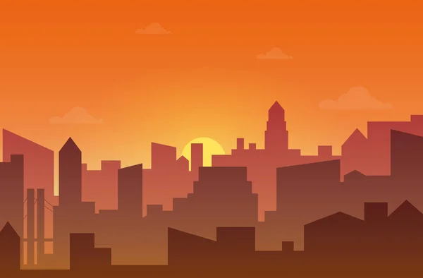 City skyline sziluettje a naplemente vagy a naplemente. Skyscappers, a tornyok és a piszkos ködben office vektoros illusztráció. — Stock Vector