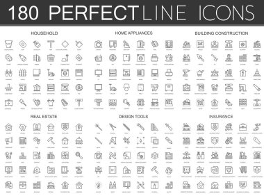 180 çağdaş ince çizgi Icons set ev, ev aletleri, Yapı İnşaat, Emlak, tasarım araçları, sigorta.