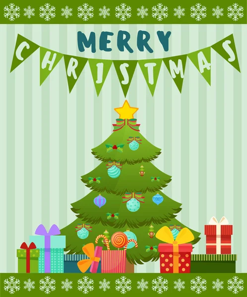 Εικονογράφηση διάνυσμα διαφορετικό χριστουγεννιάτικο δέντρο gifrboxes και dexorated. Νέο έτος Χριστουγεννιάτικη κάρτα. — Διανυσματικό Αρχείο
