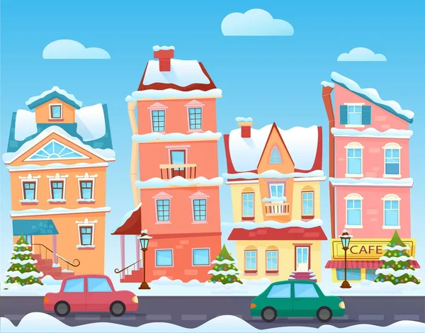 Vector Sunny cute cartoon City street at Winter. Cartoon buildings. Christmas background with urban houses and shops. Christmas town illustration. — Stock Vector