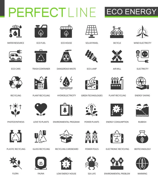 Black classic eco renewable energy. Green technology icons set. — Stock Vector