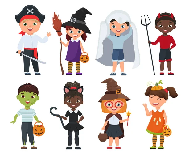 Lindo conjunto de niños de Halloween. Dibujos animados vector ilustración — Vector de stock