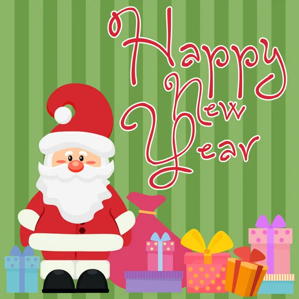 Vector illustration of happy New Year greeting and adorable Santa Claus with giftboxes. New year Christmas card. — Stock Vector