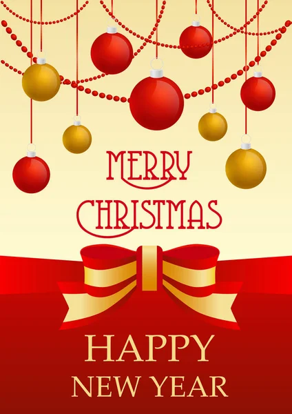 Biglietto d'auguri vettoriale con decorazioni tradizionali gialle rosse e dorate dedicate a Natale e Capodanno. Lusso palle d'oro giocattoli e nastro . — Vettoriale Stock