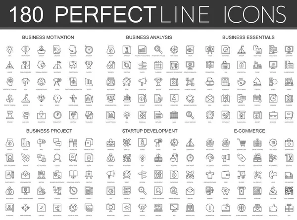 180 iconos de línea delgada moderna conjunto de motivación empresarial, análisis, elementos esenciales del negocio, proyecto empresarial, desarrollo de startups, comercio electrónico . — Vector de stock