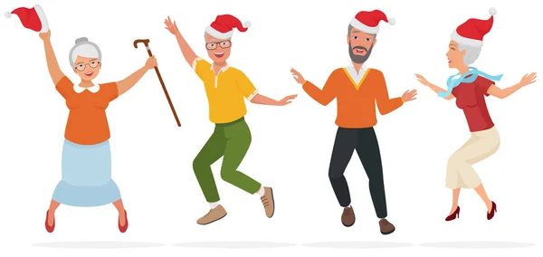 Ilustración vectorial de personas adultas en sombreros de Navidad divirtiéndose, bailando y saltando . — Vector de stock