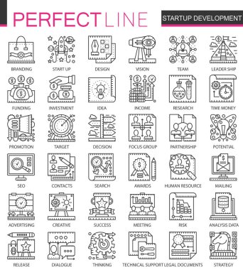 Başlangıç iş ve kalkınma anahat mini kavramı simgeler. Modern kontur doğrusal stil illüstrasyonlar ayarlayın. Mükemmel ince çizgi simgeler.