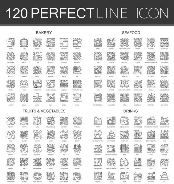 120 esquisse mini concept infographie symbole icônes de boulangerie, fruits de mer, fruits et légumes, boissons . — Image vectorielle