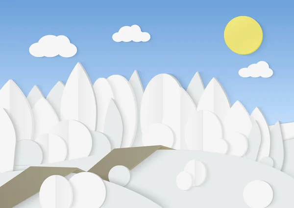 Векторна ілюстрація картонного паперового лісу з низькими поліетиленовими деревами та кущами у снігу. Зимовий пейзаж . — стоковий вектор