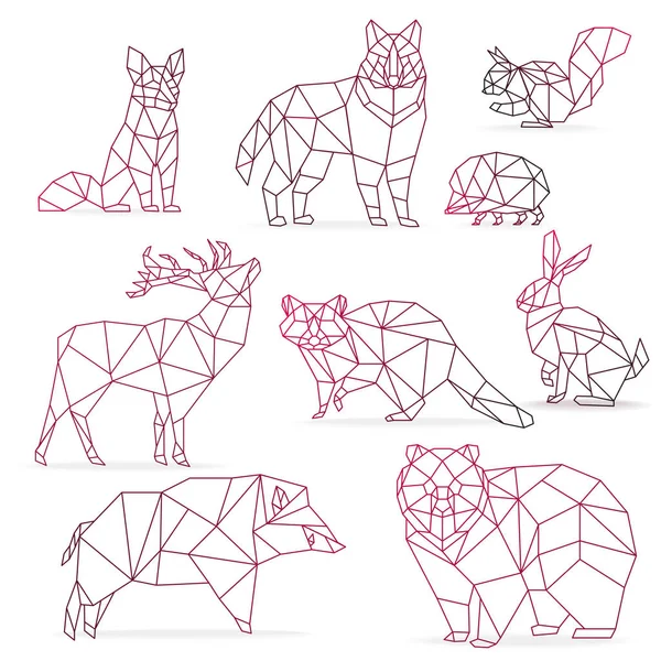 Ensemble d'animaux à faible gradient de couleur poly. Origami animaux de ligne politique. Ours loup, cerf, sanglier, renard, raton laveur, lapin et hérisson . — Image vectorielle