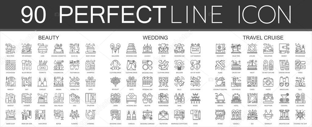 90 outline mini concept infographic symbol of icons beauty, wedding, travel cruise.
