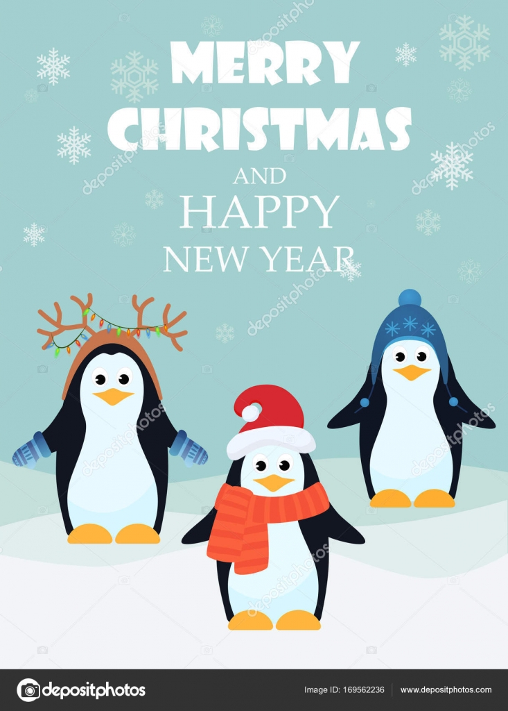 Vector illustration of adorable penguins with Merry ...